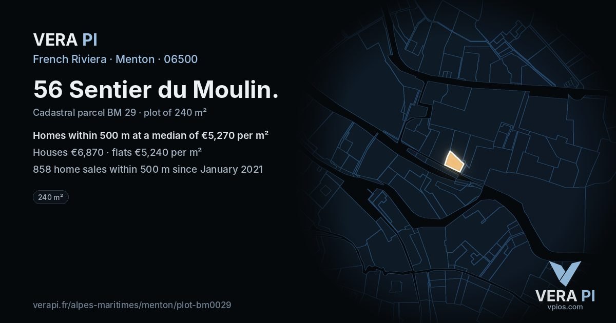 56 Sentier du Moulin, Menton at night – the plot lit, the parcels around coloured by the prices near them