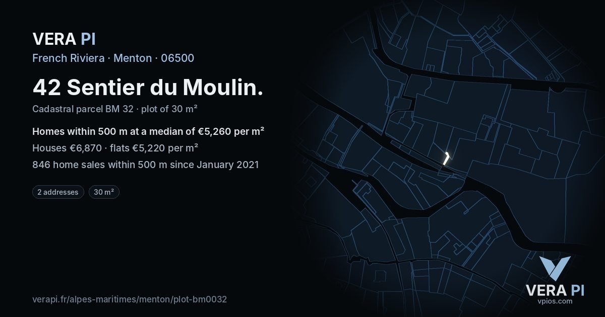 42 Sentier du Moulin, Menton at night – the plot lit, the parcels around coloured by the prices near them