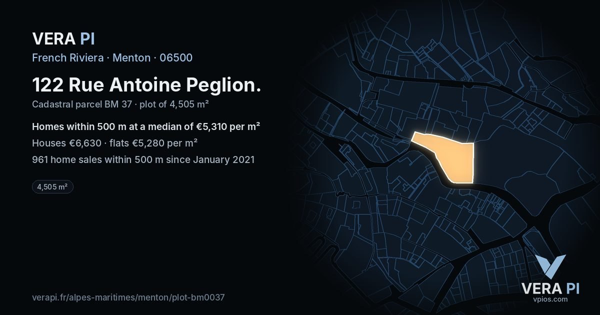 122 Rue Antoine Peglion, Menton at night – the plot lit, the parcels around coloured by the prices near them
