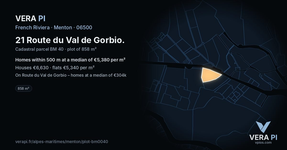 21 Route du Val de Gorbio, Menton at night – the plot lit, the parcels around coloured by the prices near them