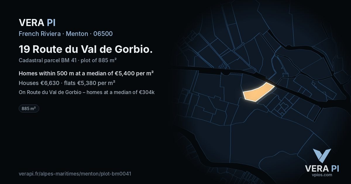19 Route du Val de Gorbio, Menton at night – the plot lit, the parcels around coloured by the prices near them