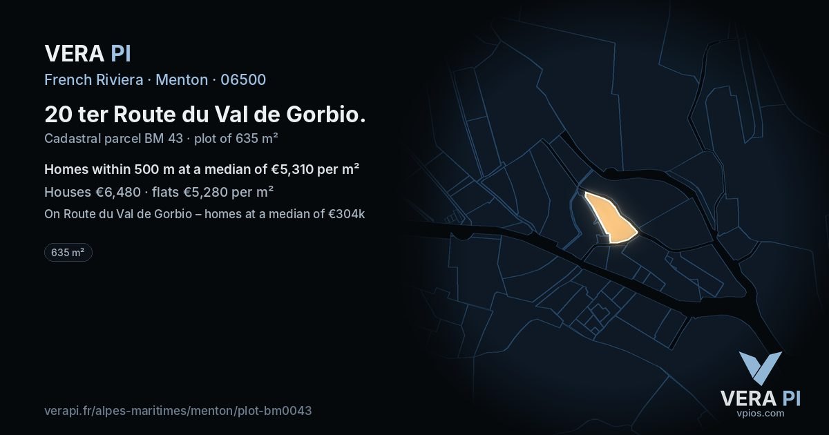 20 ter Route du Val de Gorbio, Menton at night – the plot lit, the parcels around coloured by the prices near them