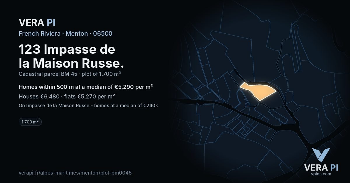 123 Impasse de la Maison Russe, Menton at night – the plot lit, the parcels around coloured by the prices near them