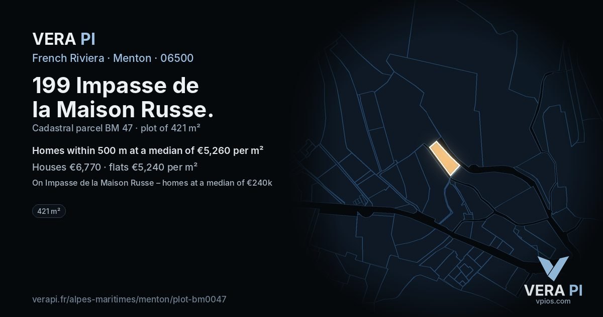 199 Impasse de la Maison Russe, Menton at night – the plot lit, the parcels around coloured by the prices near them