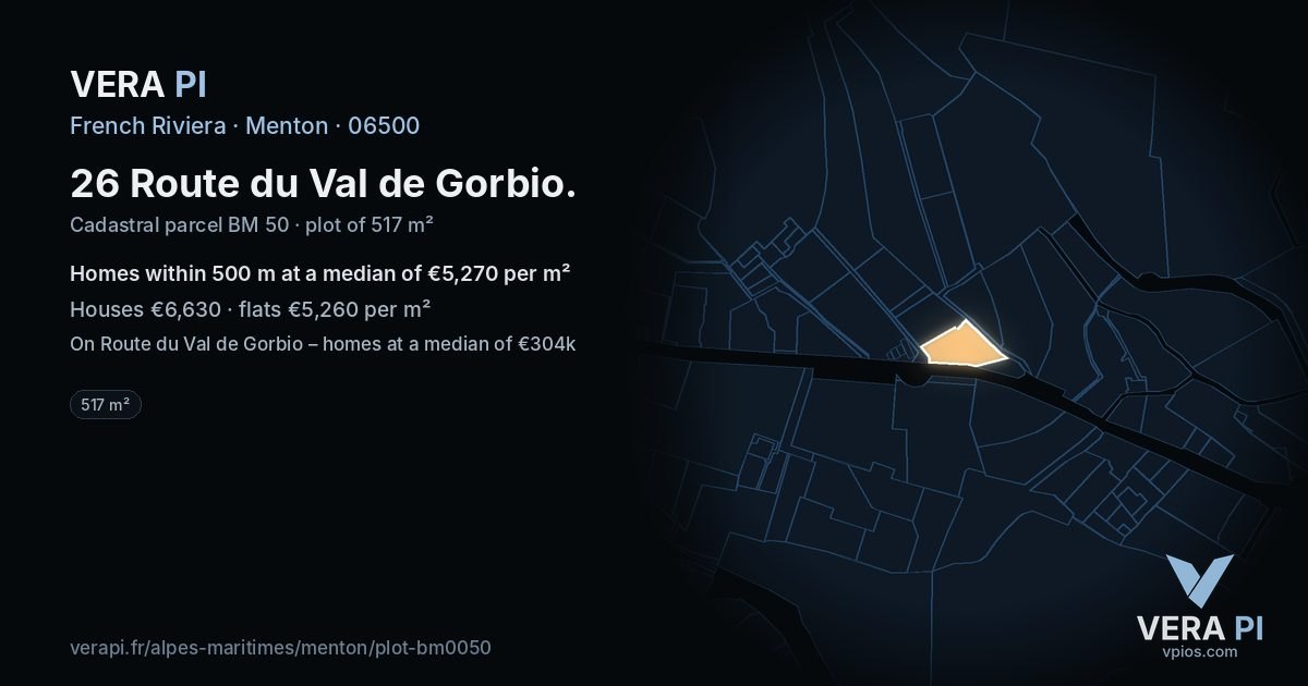 26 Route du Val de Gorbio, Menton at night – the plot lit, the parcels around coloured by the prices near them