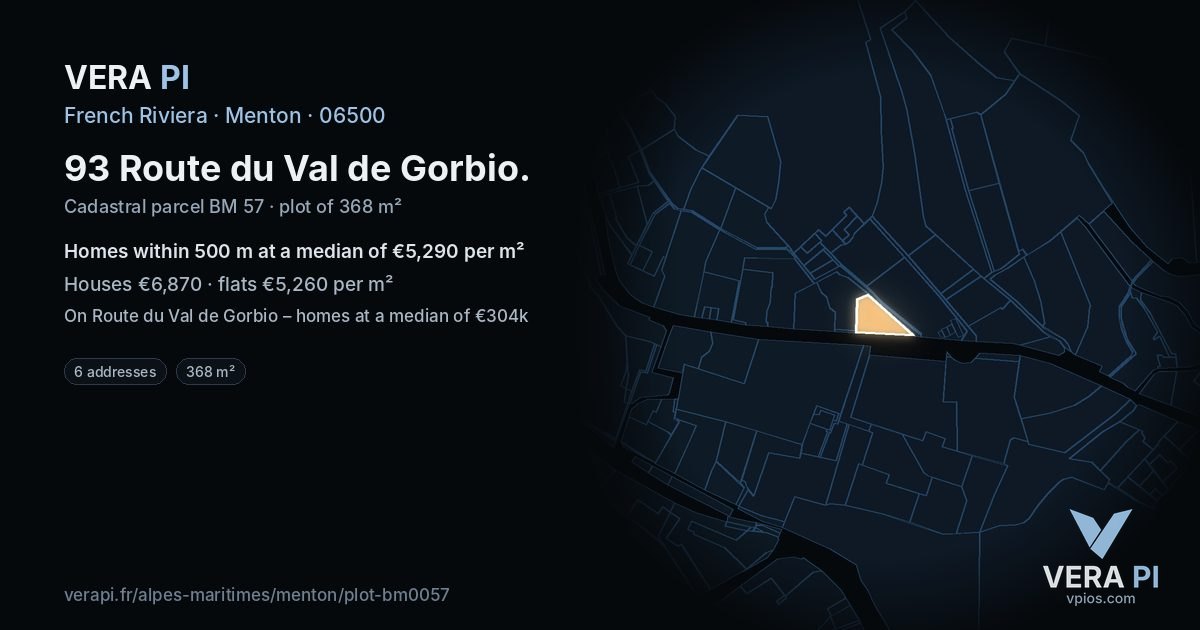 93 Route du Val de Gorbio, Menton at night – the plot lit, the parcels around coloured by the prices near them