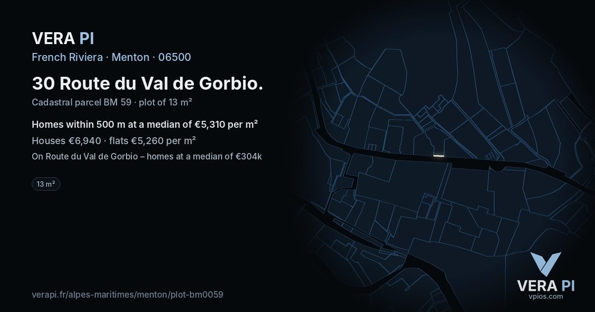 30 Route du Val de Gorbio, Menton at night – the plot lit, the parcels around coloured by the prices near them