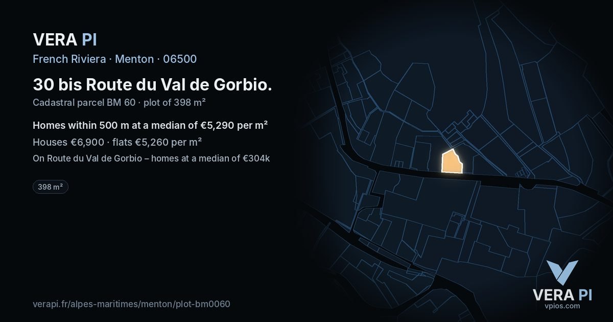 30 bis Route du Val de Gorbio, Menton at night – the plot lit, the parcels around coloured by the prices near them
