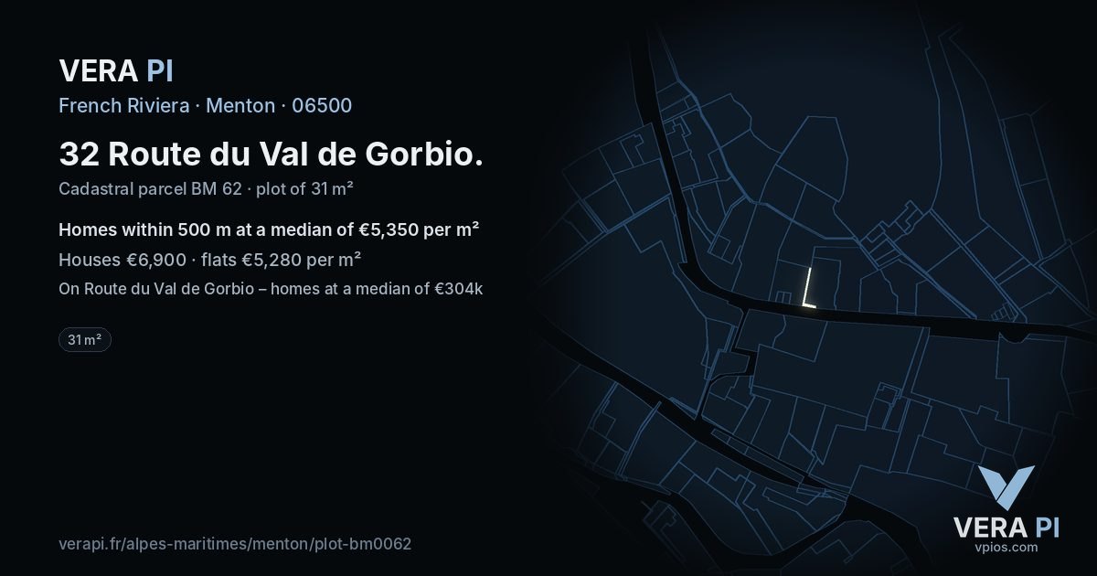 32 Route du Val de Gorbio, Menton at night – the plot lit, the parcels around coloured by the prices near them