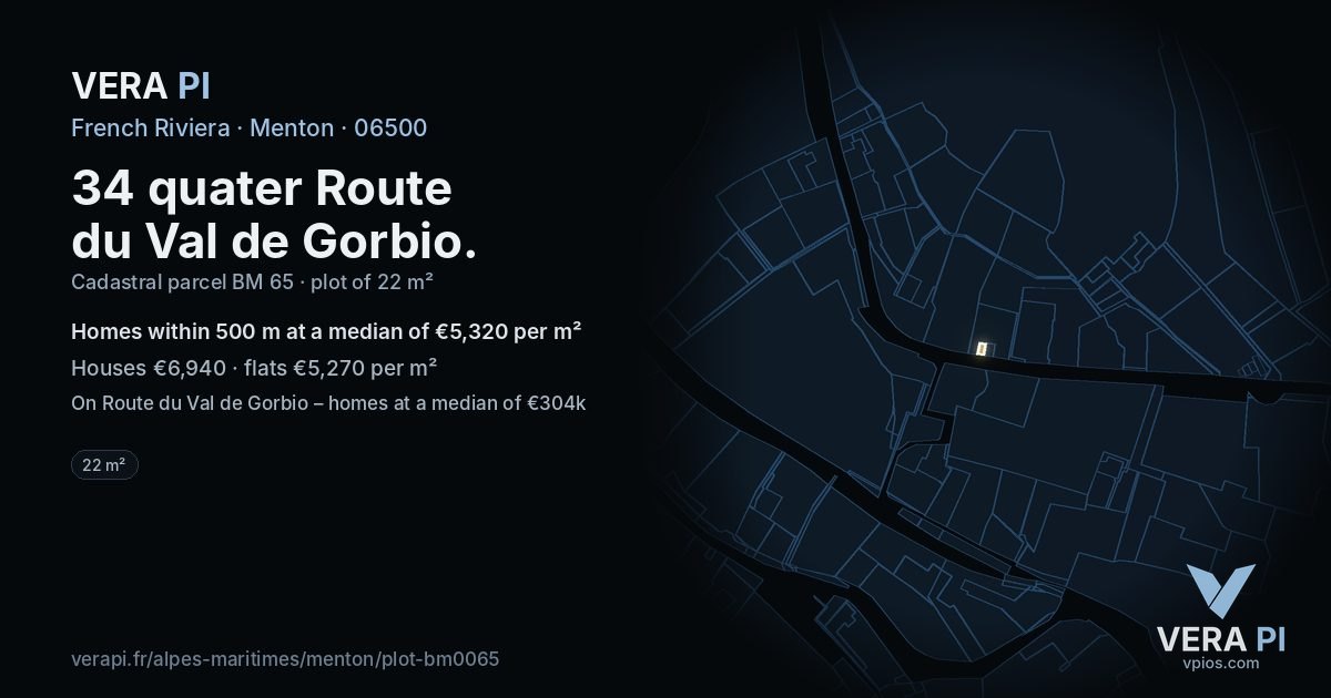 34 quater Route du Val de Gorbio, Menton at night – the plot lit, the parcels around coloured by the prices near them