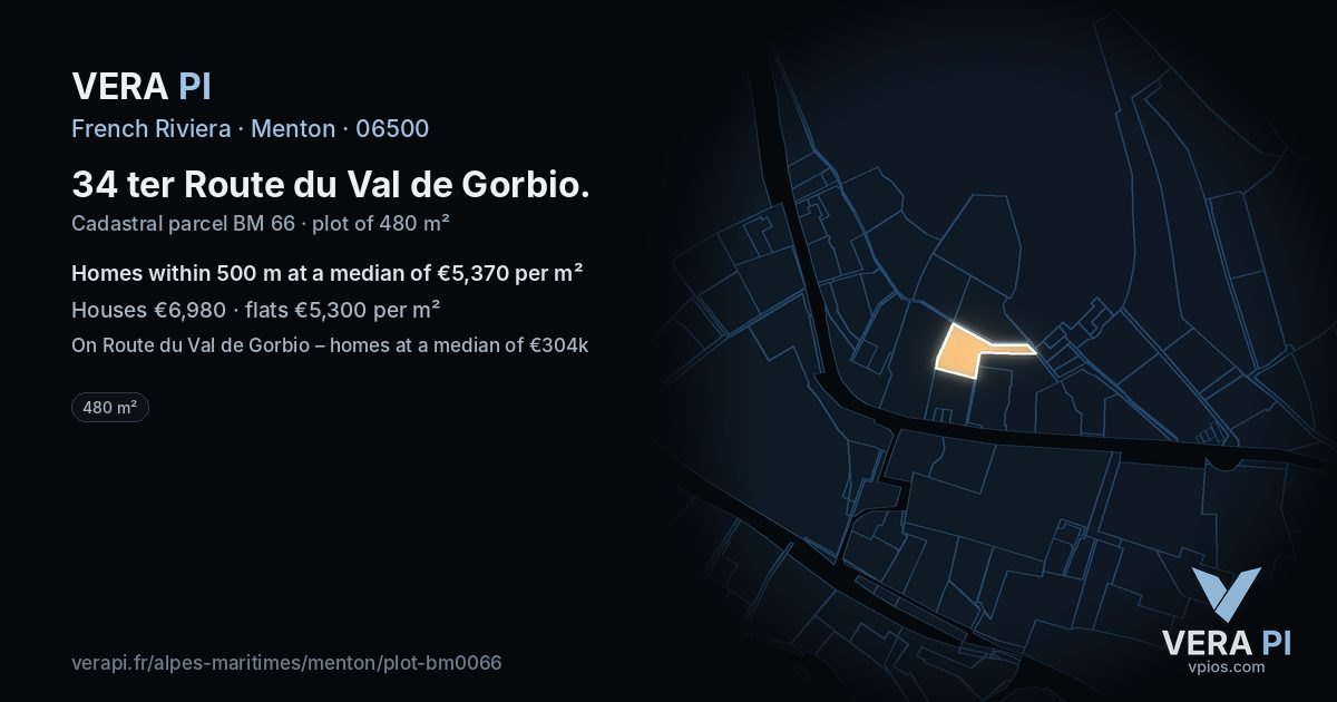 34 ter Route du Val de Gorbio, Menton at night – the plot lit, the parcels around coloured by the prices near them