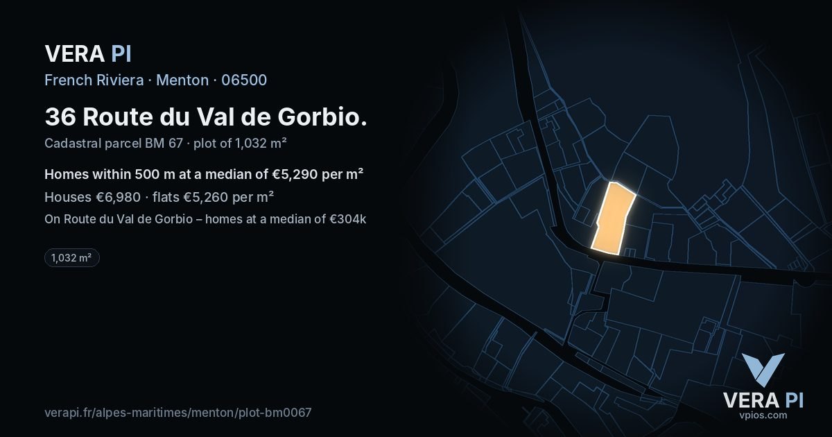 36 Route du Val de Gorbio, Menton at night – the plot lit, the parcels around coloured by the prices near them