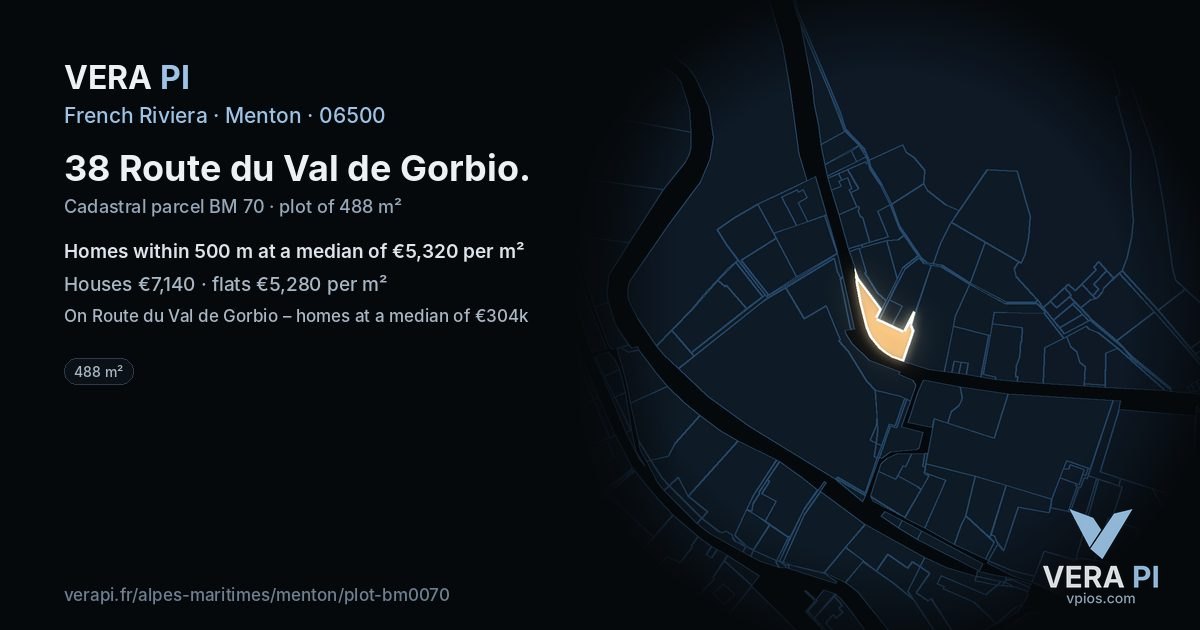 38 Route du Val de Gorbio, Menton at night – the plot lit, the parcels around coloured by the prices near them