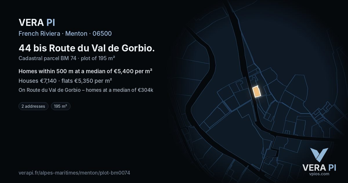44 bis Route du Val de Gorbio, Menton at night – the plot lit, the parcels around coloured by the prices near them