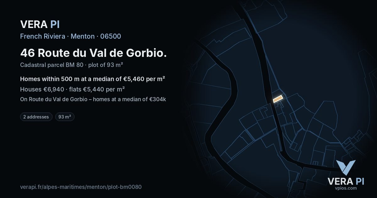 46 Route du Val de Gorbio, Menton at night – the plot lit, the parcels around coloured by the prices near them