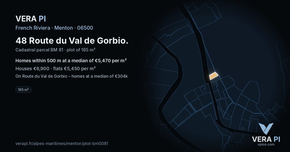 48 Route du Val de Gorbio, Menton at night – the plot lit, the parcels around coloured by the prices near them