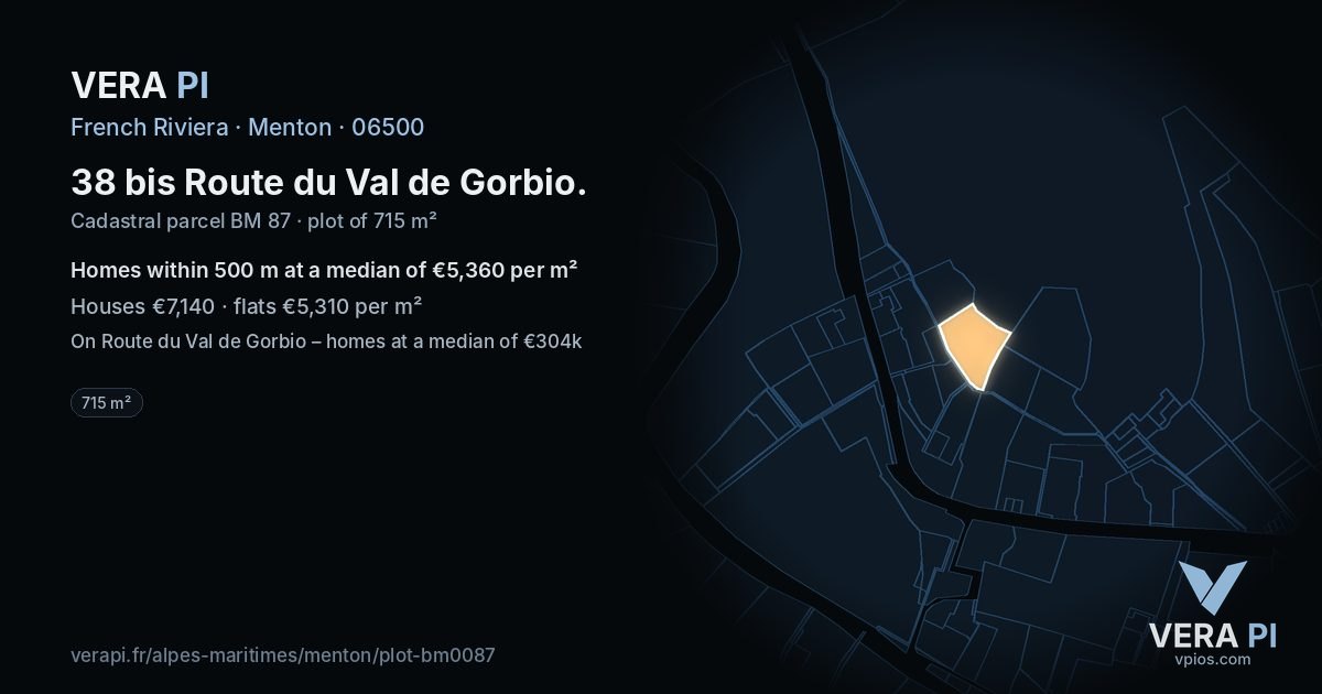 38 bis Route du Val de Gorbio, Menton at night – the plot lit, the parcels around coloured by the prices near them