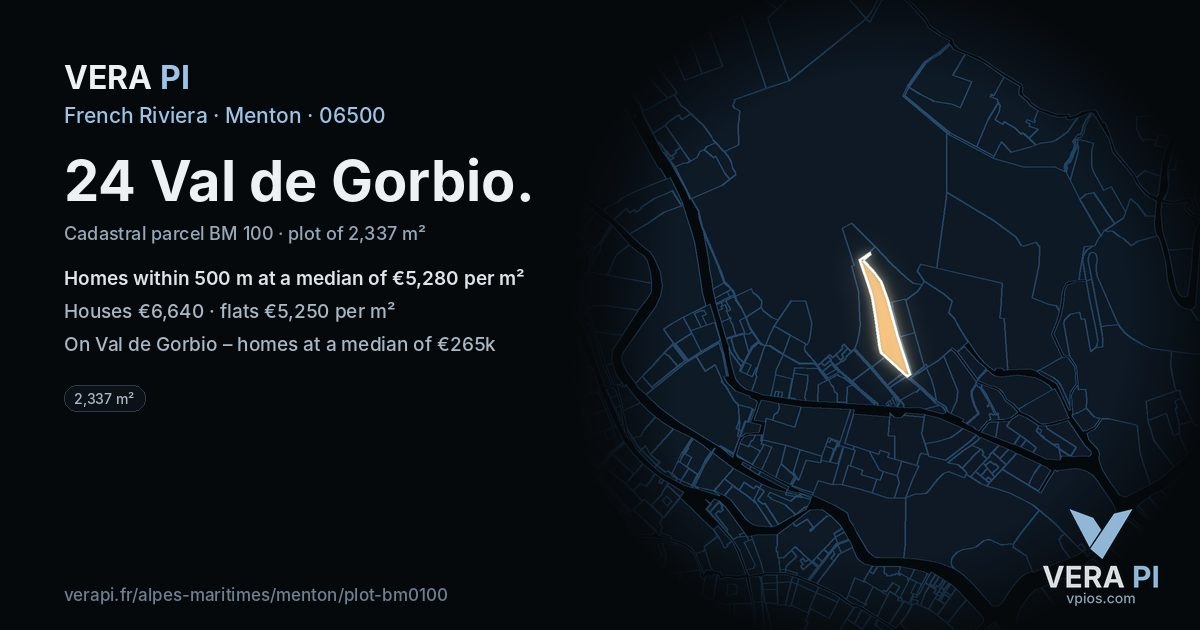 24 Val de Gorbio, Menton at night – the plot lit, the parcels around coloured by the prices near them