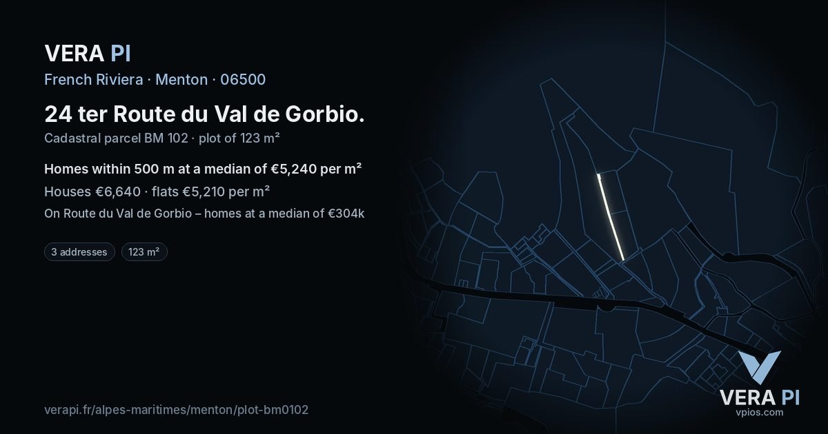 24 ter Route du Val de Gorbio, Menton at night – the plot lit, the parcels around coloured by the prices near them