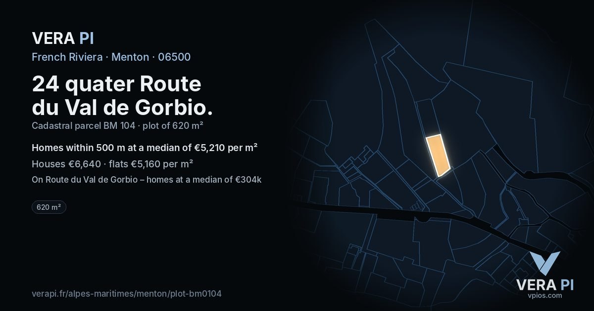 24 quater Route du Val de Gorbio, Menton at night – the plot lit, the parcels around coloured by the prices near them