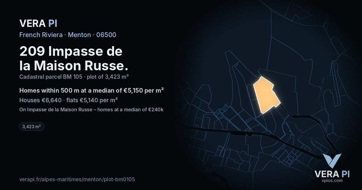 209 Impasse de la Maison Russe, Menton at night – the plot lit, the parcels around coloured by the prices near them