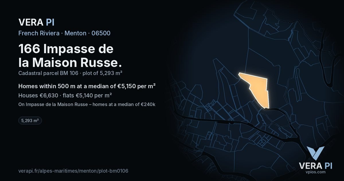 166 Impasse de la Maison Russe, Menton at night – the plot lit, the parcels around coloured by the prices near them