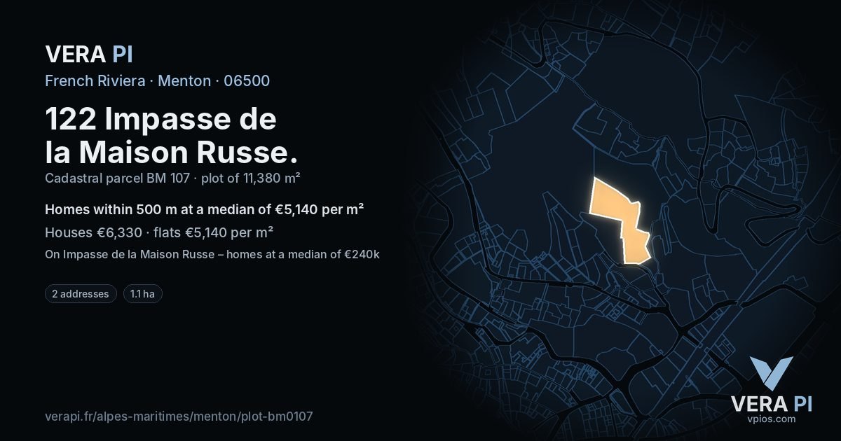 122 Impasse de la Maison Russe, Menton at night – the plot lit, the parcels around coloured by the prices near them