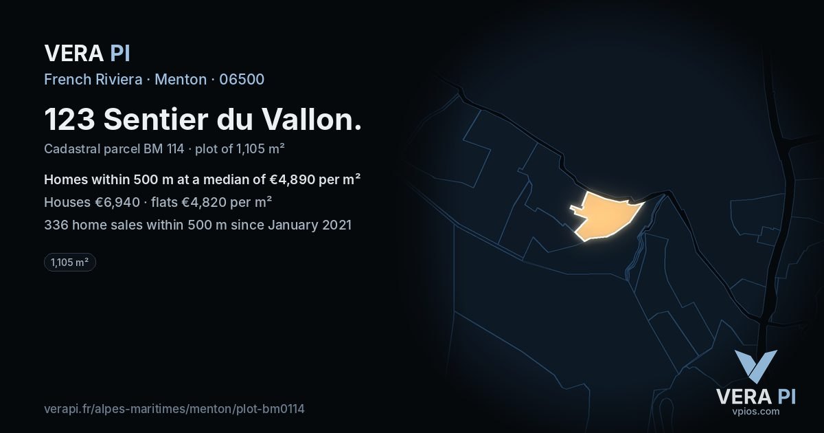 123 Sentier du Vallon, Menton at night – the plot lit, the parcels around coloured by the prices near them