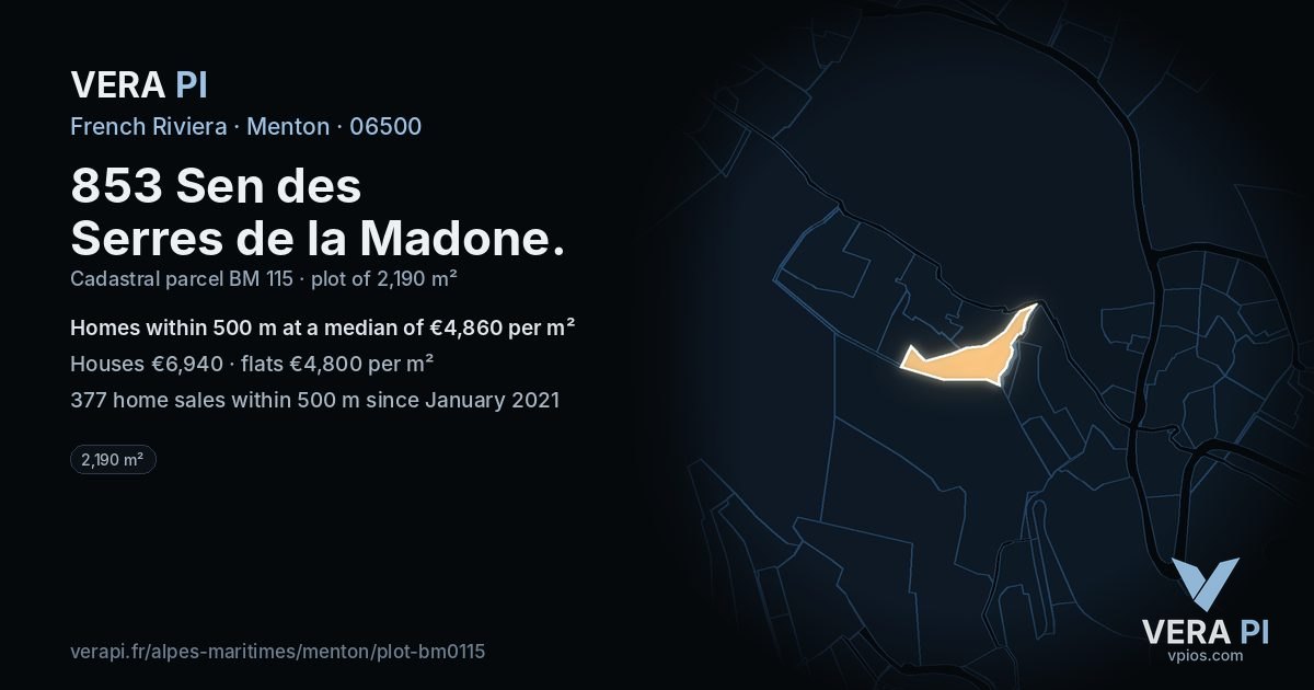 853 Sen des Serres de la Madone, Menton at night – the plot lit, the parcels around coloured by the prices near them
