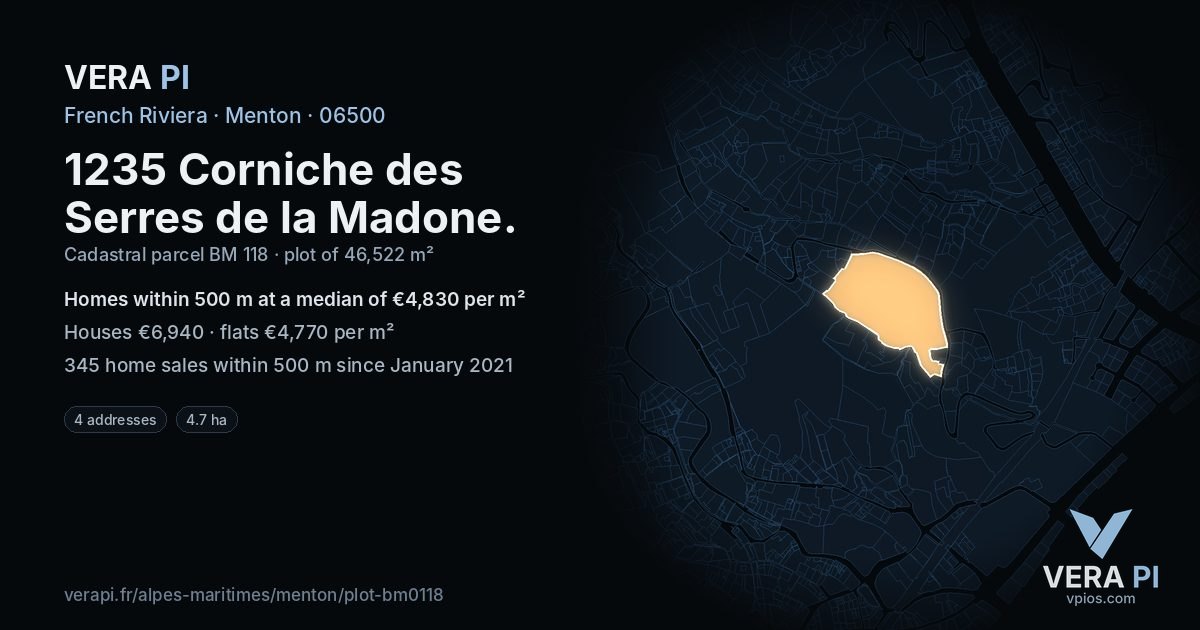 1235 Corniche des Serres de la Madone, Menton at night – the plot lit, the parcels around coloured by the prices near them