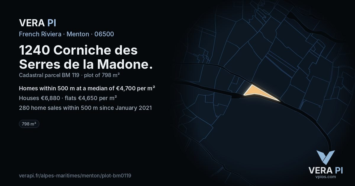 1240 Corniche des Serres de la Madone, Menton at night – the plot lit, the parcels around coloured by the prices near them