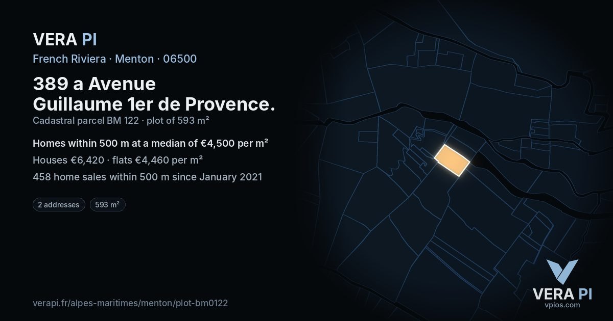 389 a Avenue Guillaume 1er de Provence, Menton at night – the plot lit, the parcels around coloured by the prices near them