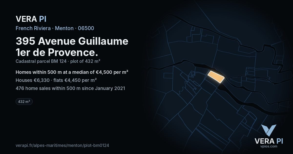 395 Avenue Guillaume 1er de Provence, Menton at night – the plot lit, the parcels around coloured by the prices near them