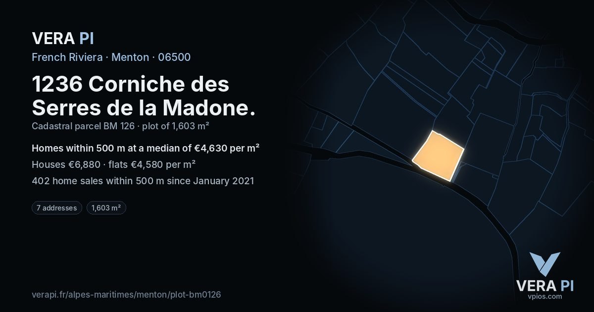 1236 Corniche des Serres de la Madone, Menton at night – the plot lit, the parcels around coloured by the prices near them