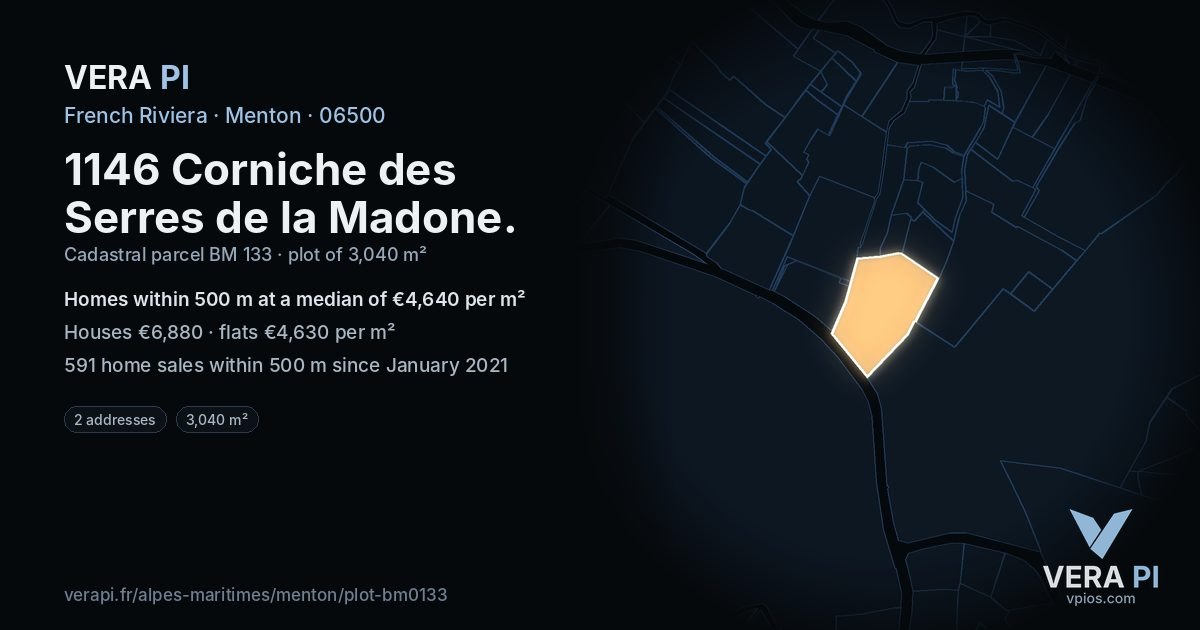 1146 Corniche des Serres de la Madone, Menton at night – the plot lit, the parcels around coloured by the prices near them