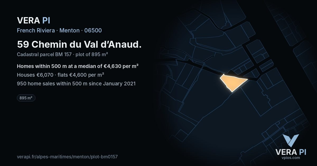 59 Chemin du Val d’Anaud, Menton at night – the plot lit, the parcels around coloured by the prices near them