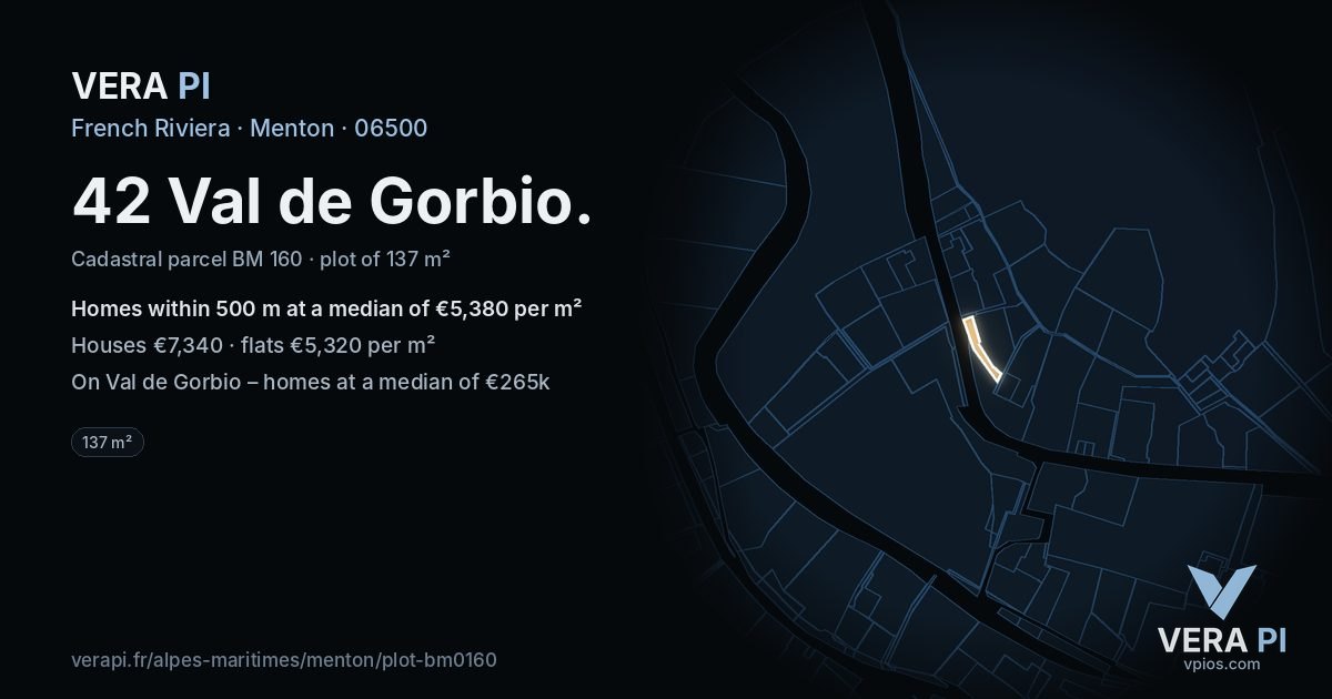 42 Val de Gorbio, Menton at night – the plot lit, the parcels around coloured by the prices near them