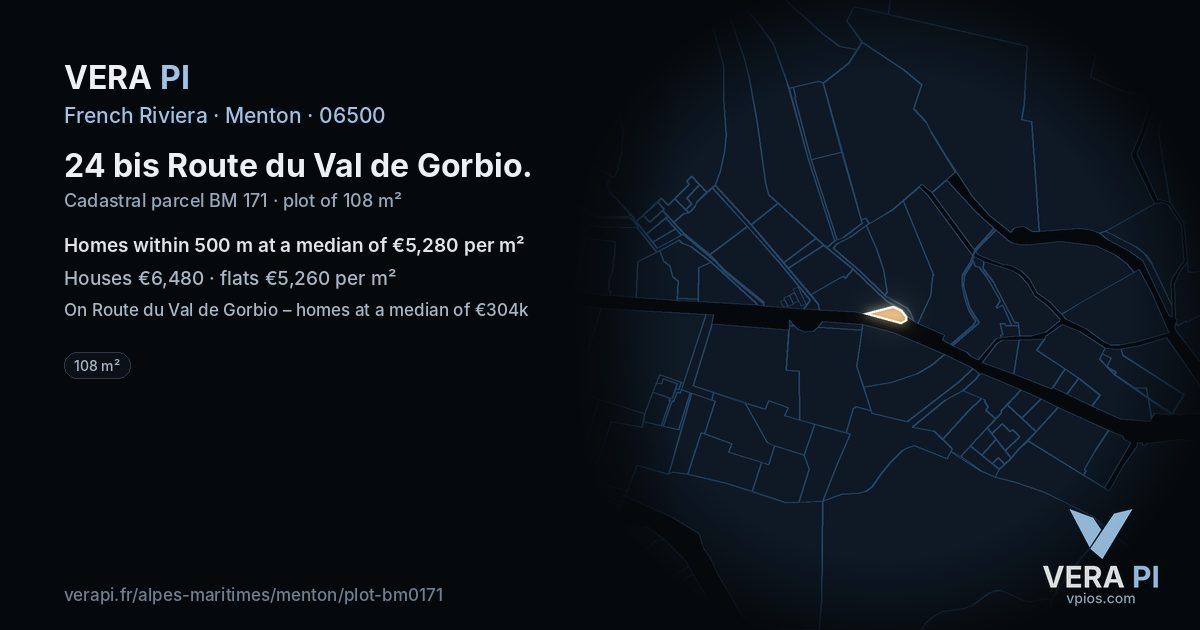24 bis Route du Val de Gorbio, Menton at night – the plot lit, the parcels around coloured by the prices near them