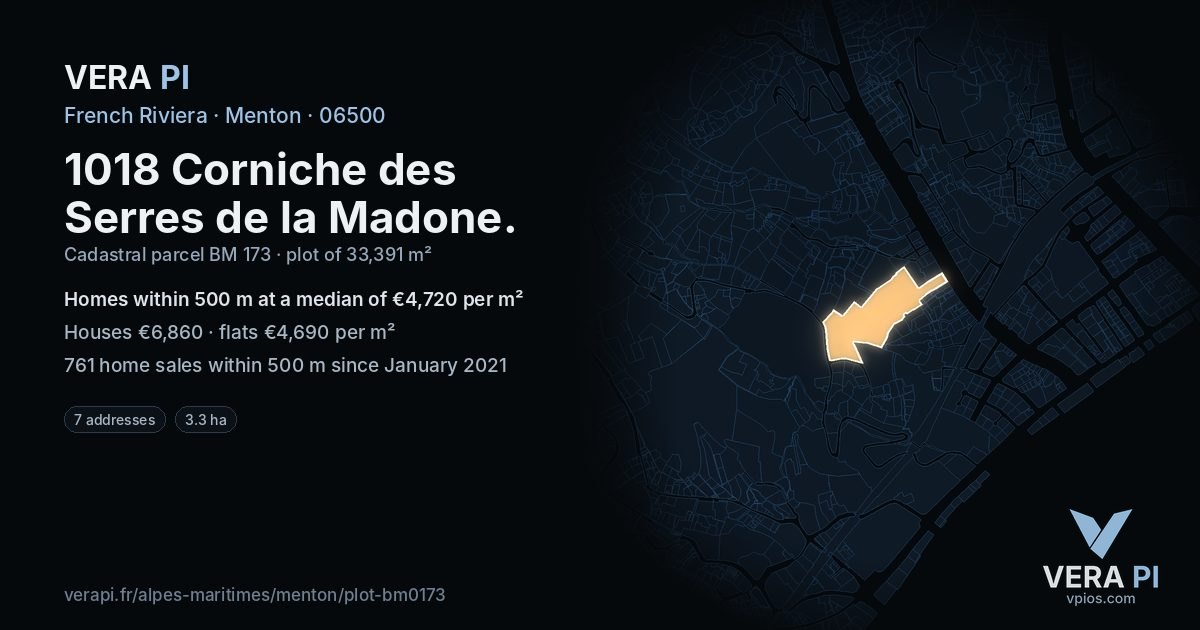 1018 Corniche des Serres de la Madone, Menton at night – the plot lit, the parcels around coloured by the prices near them