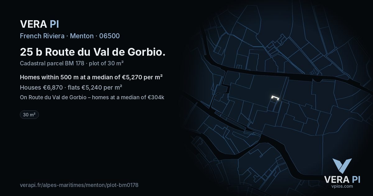 25 b Route du Val de Gorbio, Menton at night – the plot lit, the parcels around coloured by the prices near them