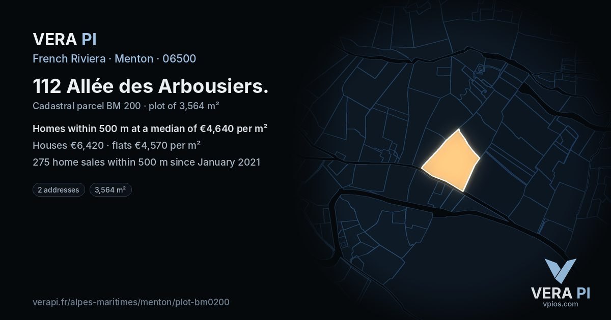 112 Allée des Arbousiers, Menton at night – the plot lit, the parcels around coloured by the prices near them