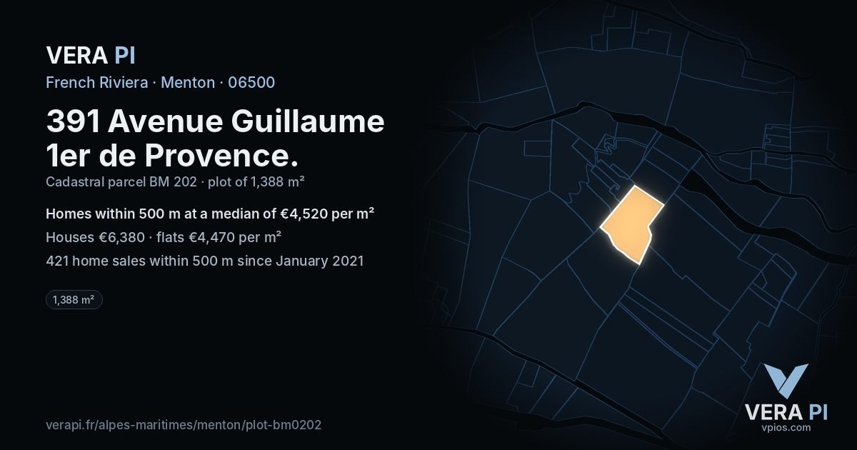 391 Avenue Guillaume 1er de Provence, Menton at night – the plot lit, the parcels around coloured by the prices near them