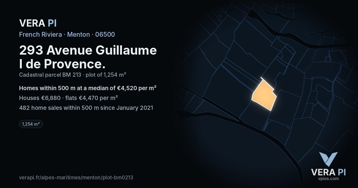 293 Avenue Guillaume I de Provence, Menton at night – the plot lit, the parcels around coloured by the prices near them