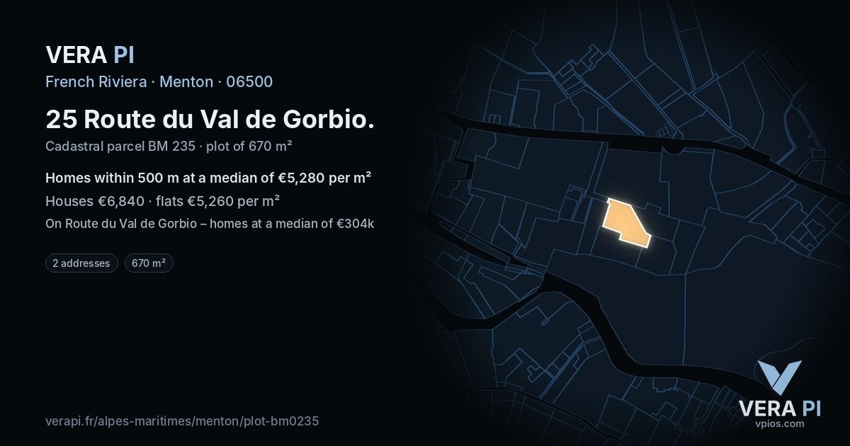 25 Route du Val de Gorbio, Menton at night – the plot lit, the parcels around coloured by the prices near them