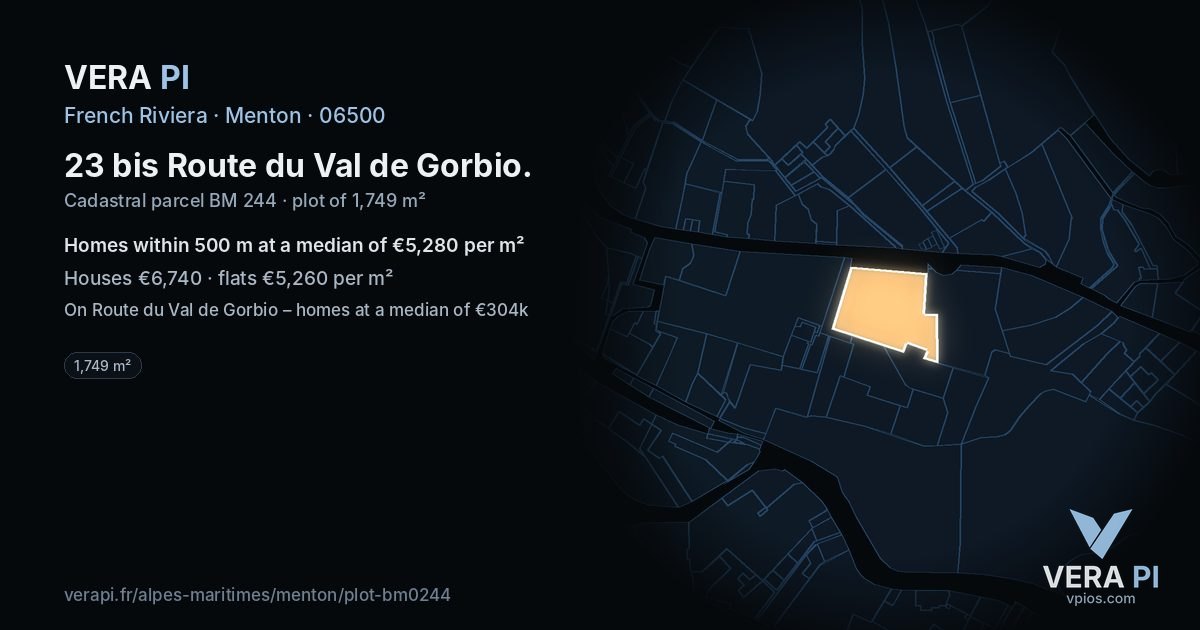 23 bis Route du Val de Gorbio, Menton at night – the plot lit, the parcels around coloured by the prices near them