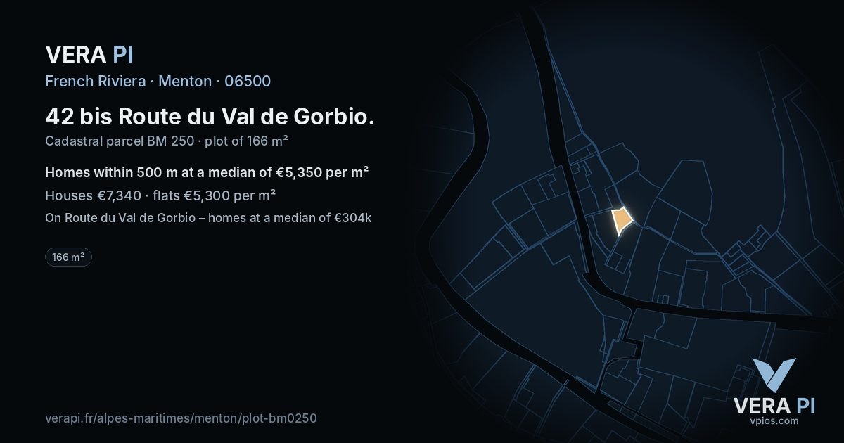 42 bis Route du Val de Gorbio, Menton at night – the plot lit, the parcels around coloured by the prices near them