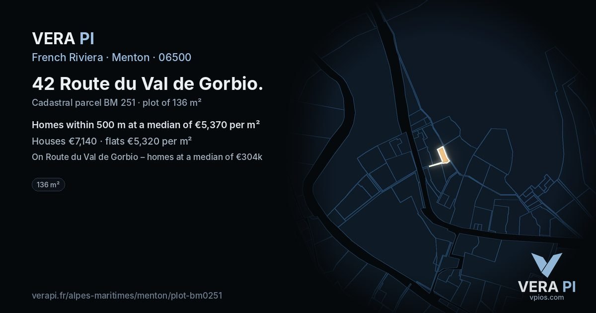 42 Route du Val de Gorbio, Menton at night – the plot lit, the parcels around coloured by the prices near them