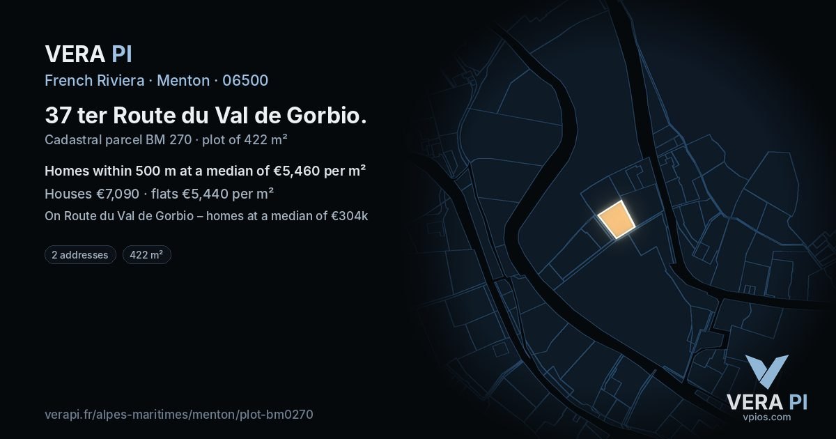 37 ter Route du Val de Gorbio, Menton at night – the plot lit, the parcels around coloured by the prices near them