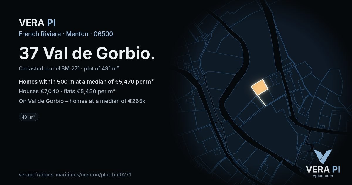 37 Val de Gorbio, Menton at night – the plot lit, the parcels around coloured by the prices near them