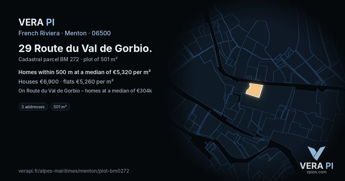 29 Route du Val de Gorbio, Menton at night – the plot lit, the parcels around coloured by the prices near them